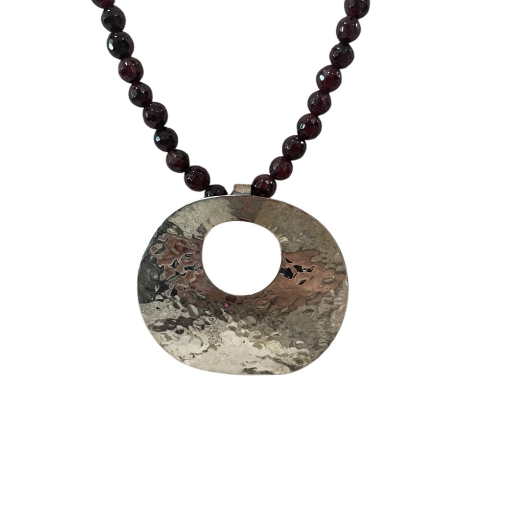 JTV Sterling Silver Garnet Beaded Necklace With Hammered Circle Pendant Women’s